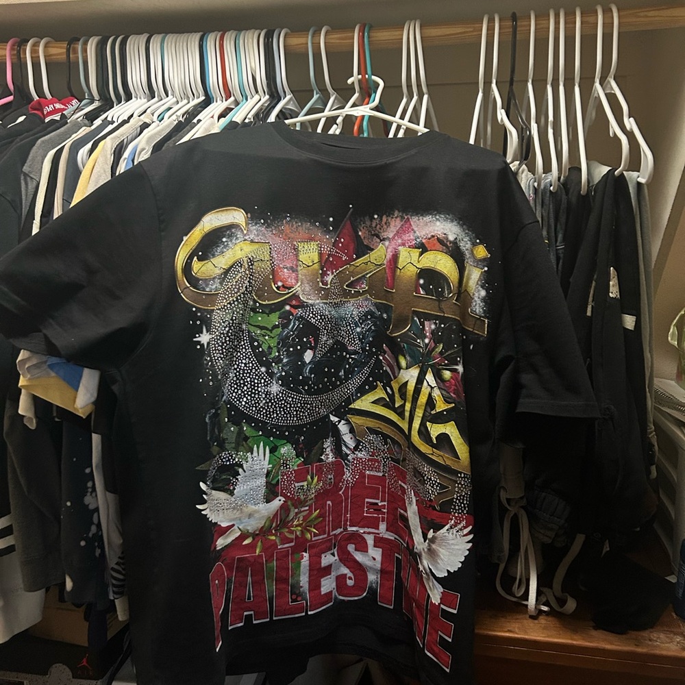 Black Graphic T-Shirt with Gold and Red Accents

Guapi free Palestine rhinestone